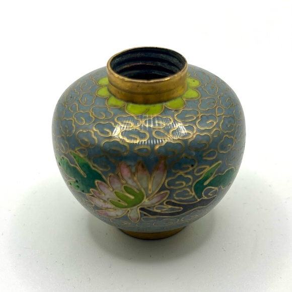 Other - Vintage Cloisonné Mini Vase Blue Floral Enamel Brass